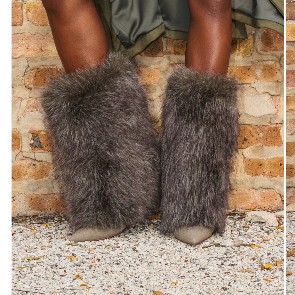 Faux Fur Knee-High Boot - Gray